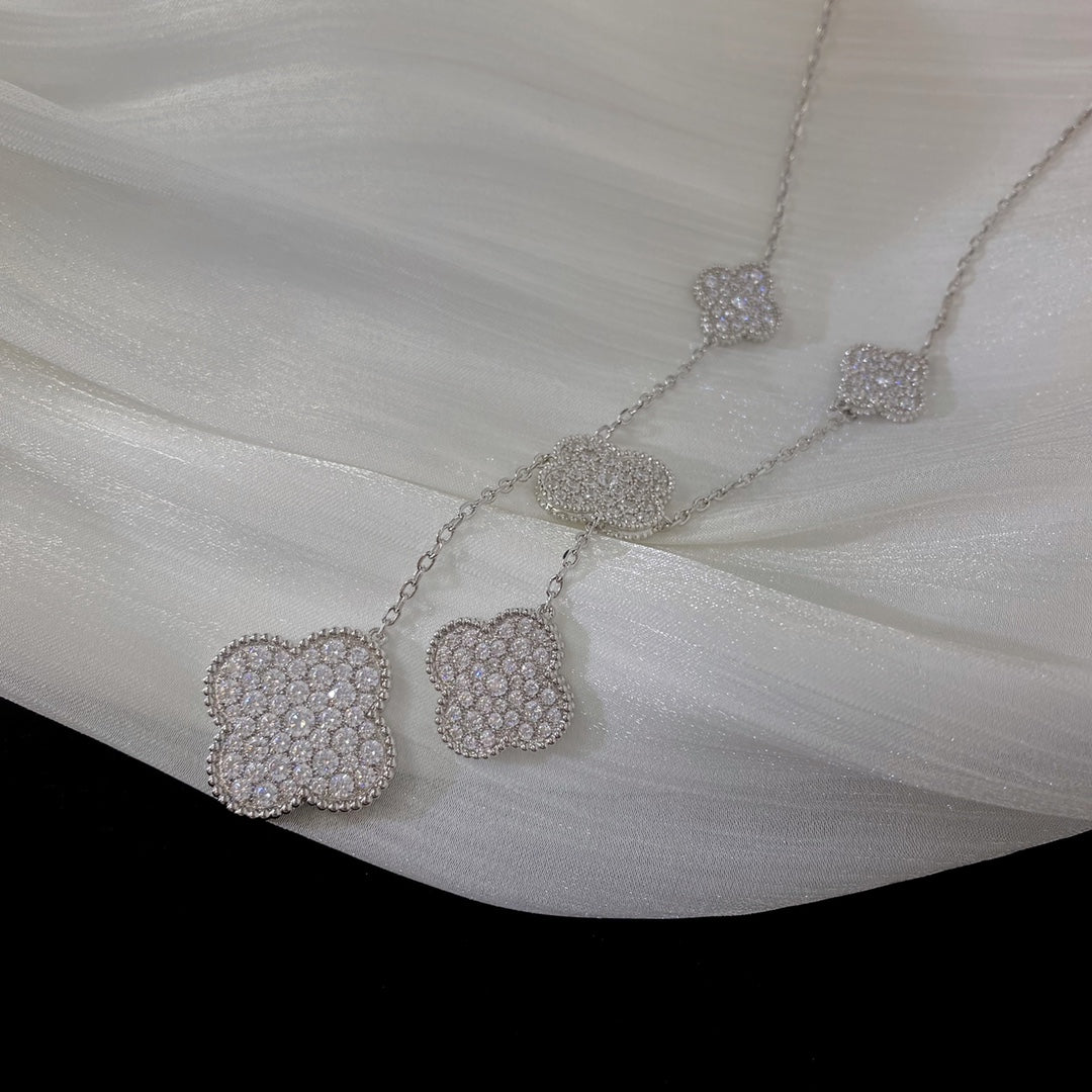 Van Cleef & Arpels CLOVER 5 MOTIFS SILVER DIAMONDS NECKLACE