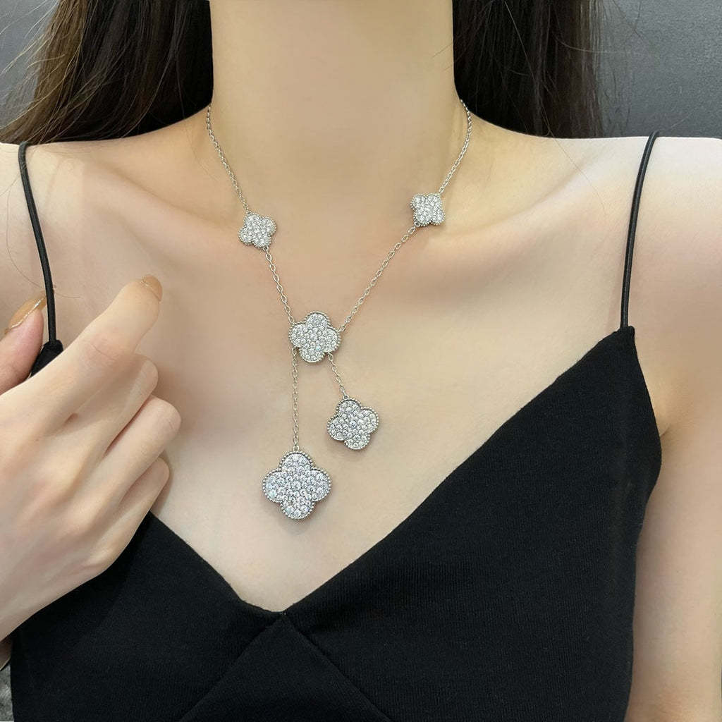 Van Cleef & Arpels CLOVER 5 MOTIFS SILVER DIAMONDS NECKLACE