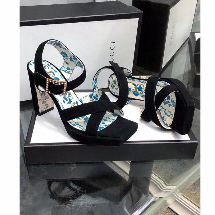 GUCCI HIGH SANDAL BLACK SUEDE WITH PATTERNS