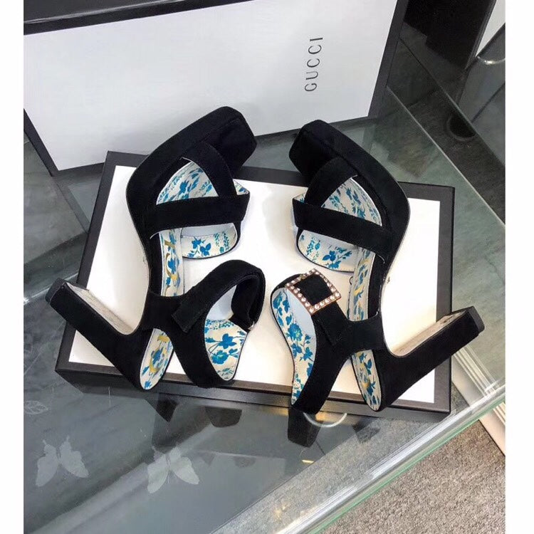 GUCCI HIGH SANDAL BLACK SUEDE WITH PATTERNS