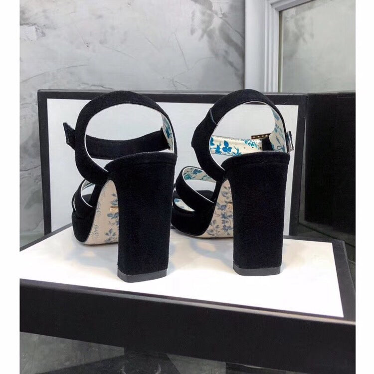 GUCCI HIGH SANDAL BLACK SUEDE WITH PATTERNS