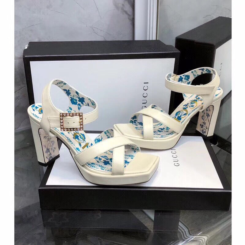GUCCI HIGH SANDAL WHITE CALFSKIN WITH PATTERNS