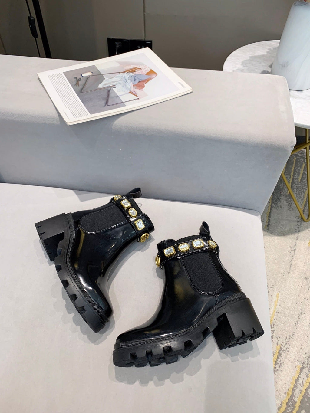 GUCCI CRYSTAL ANKLE BOOTS IN BLACK CALFSKIN GHW