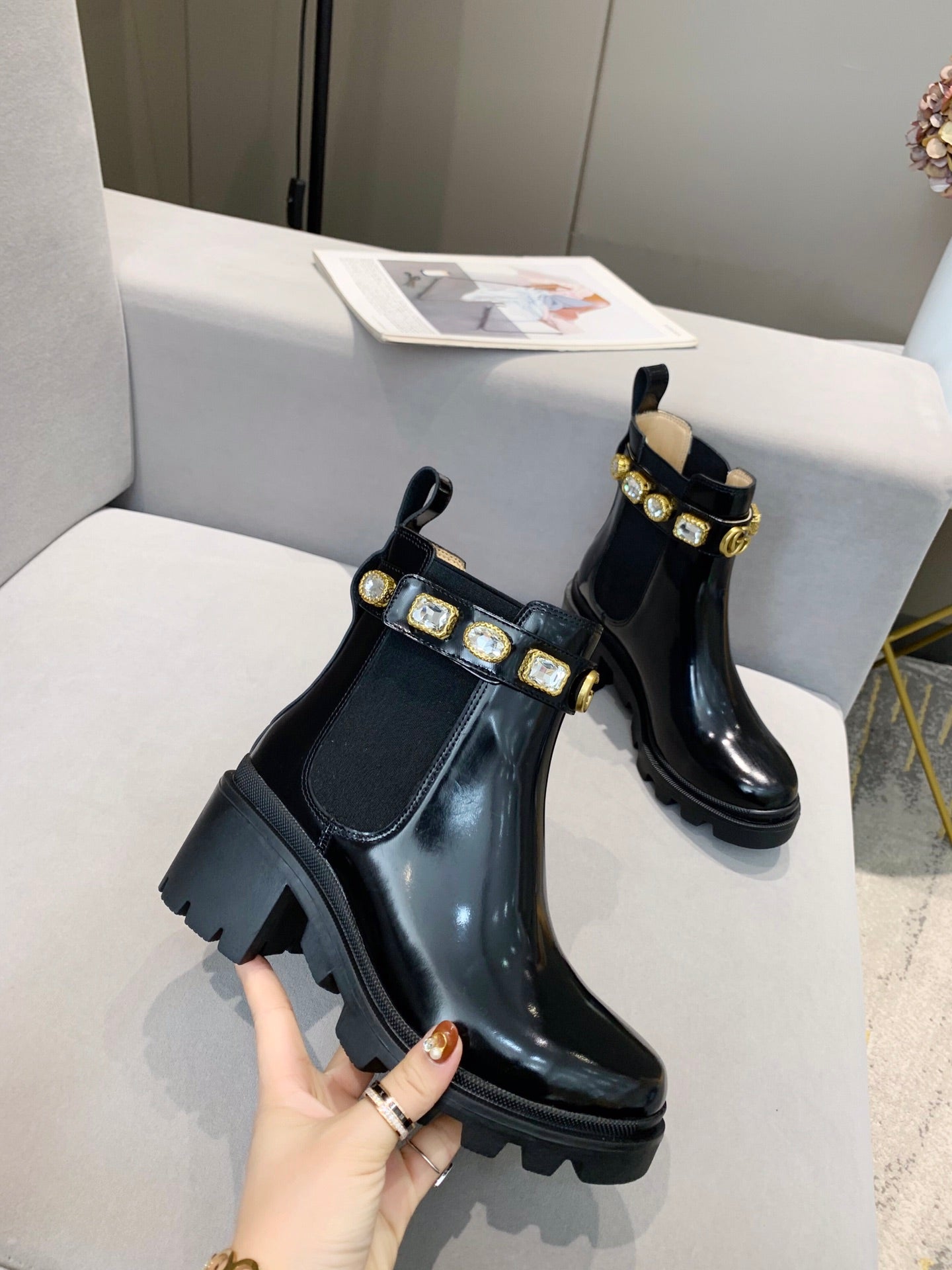 GUCCI CRYSTAL ANKLE BOOTS IN BLACK CALFSKIN GHW