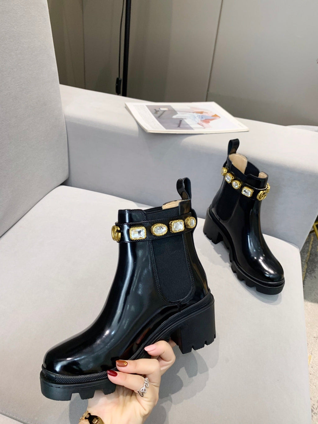 GUCCI CRYSTAL ANKLE BOOTS IN BLACK CALFSKIN GHW