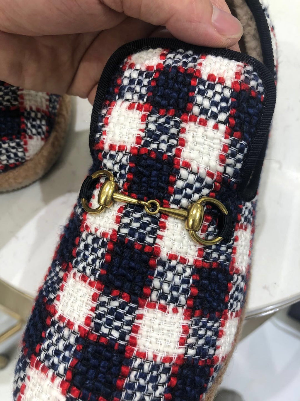 GUCCI HORSEBIT LOAFER IN COLORFUL TWEED AND LAMB FUR LINING