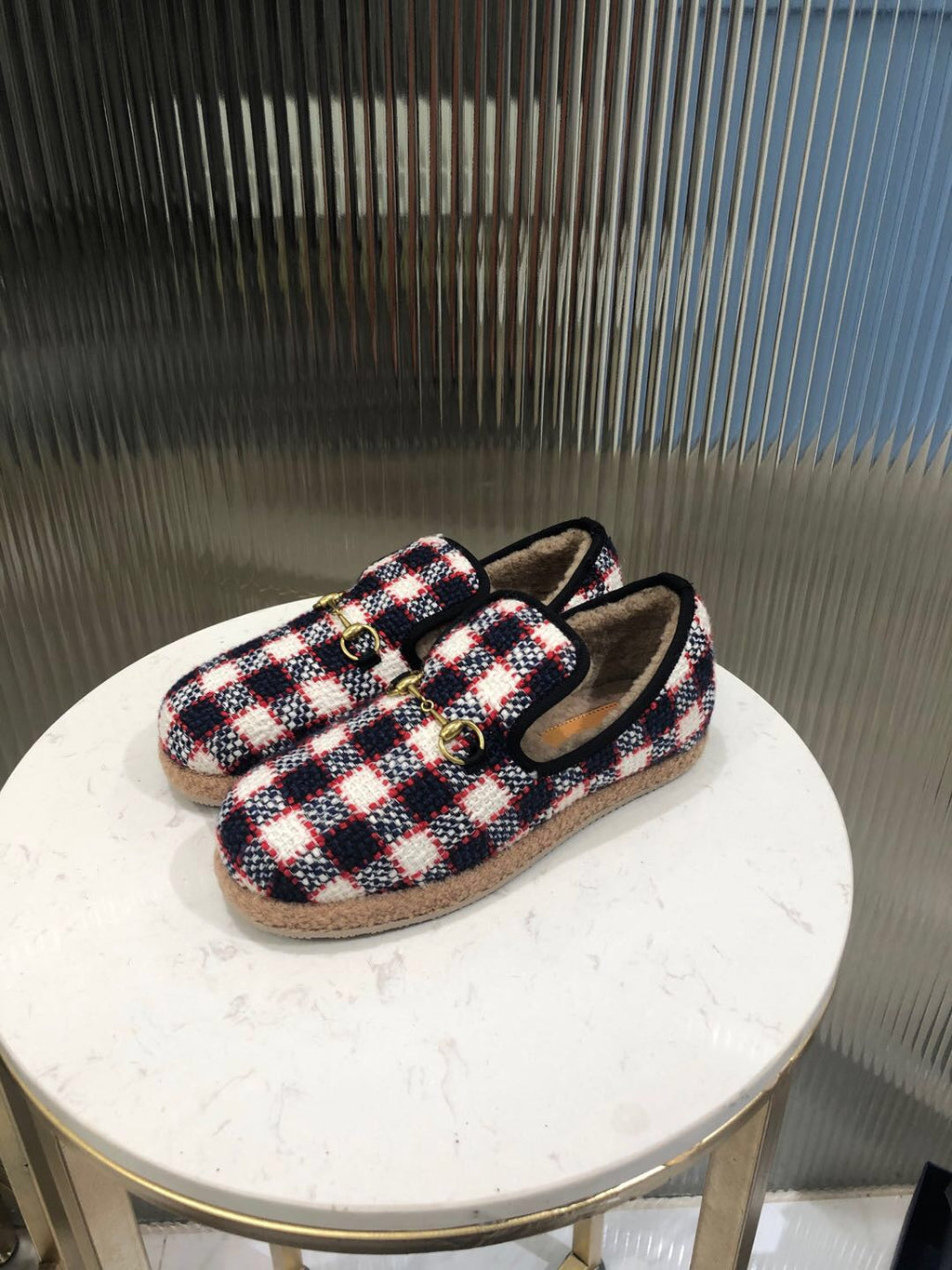GUCCI HORSEBIT LOAFER IN COLORFUL TWEED AND LAMB FUR LINING