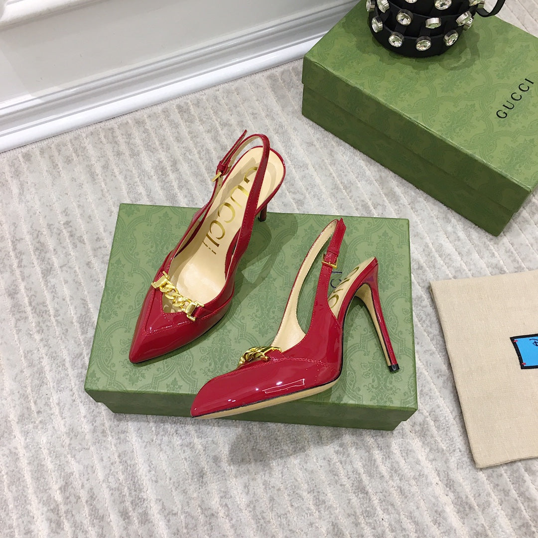 GUCCI HIGH HEEL SLINGBACK RUBY CALFSKIN WITH CHAIN