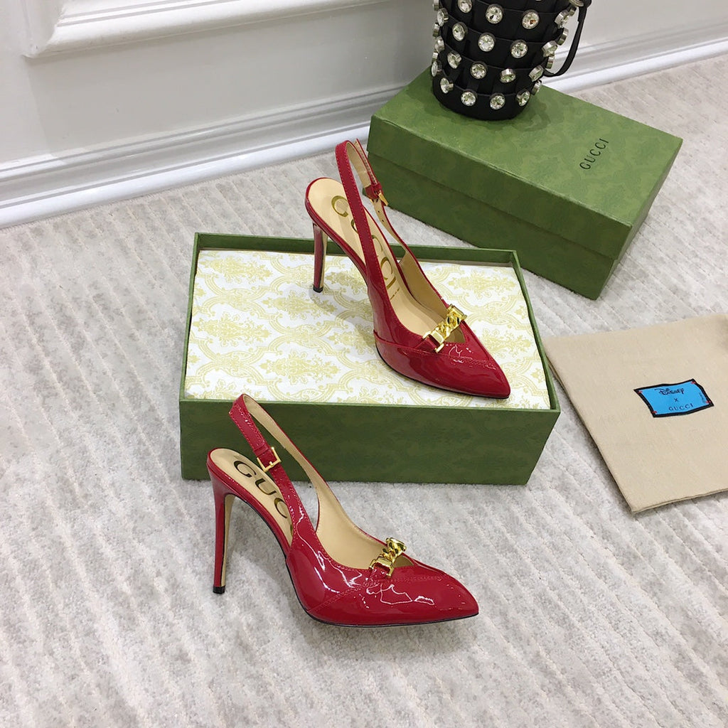 GUCCI HIGH HEEL SLINGBACK RUBY CALFSKIN WITH CHAIN