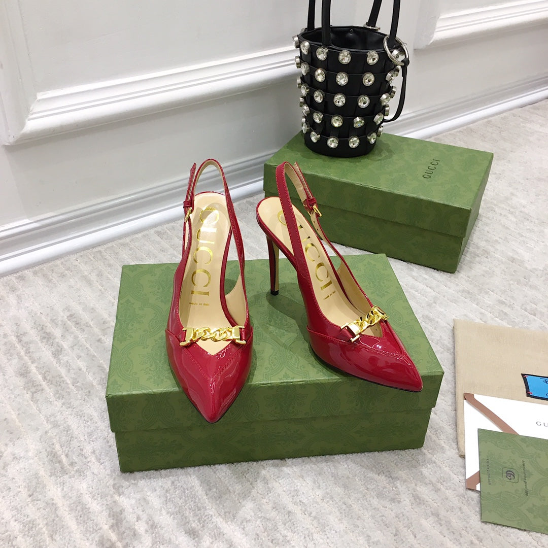 GUCCI HIGH HEEL SLINGBACK RUBY CALFSKIN WITH CHAIN