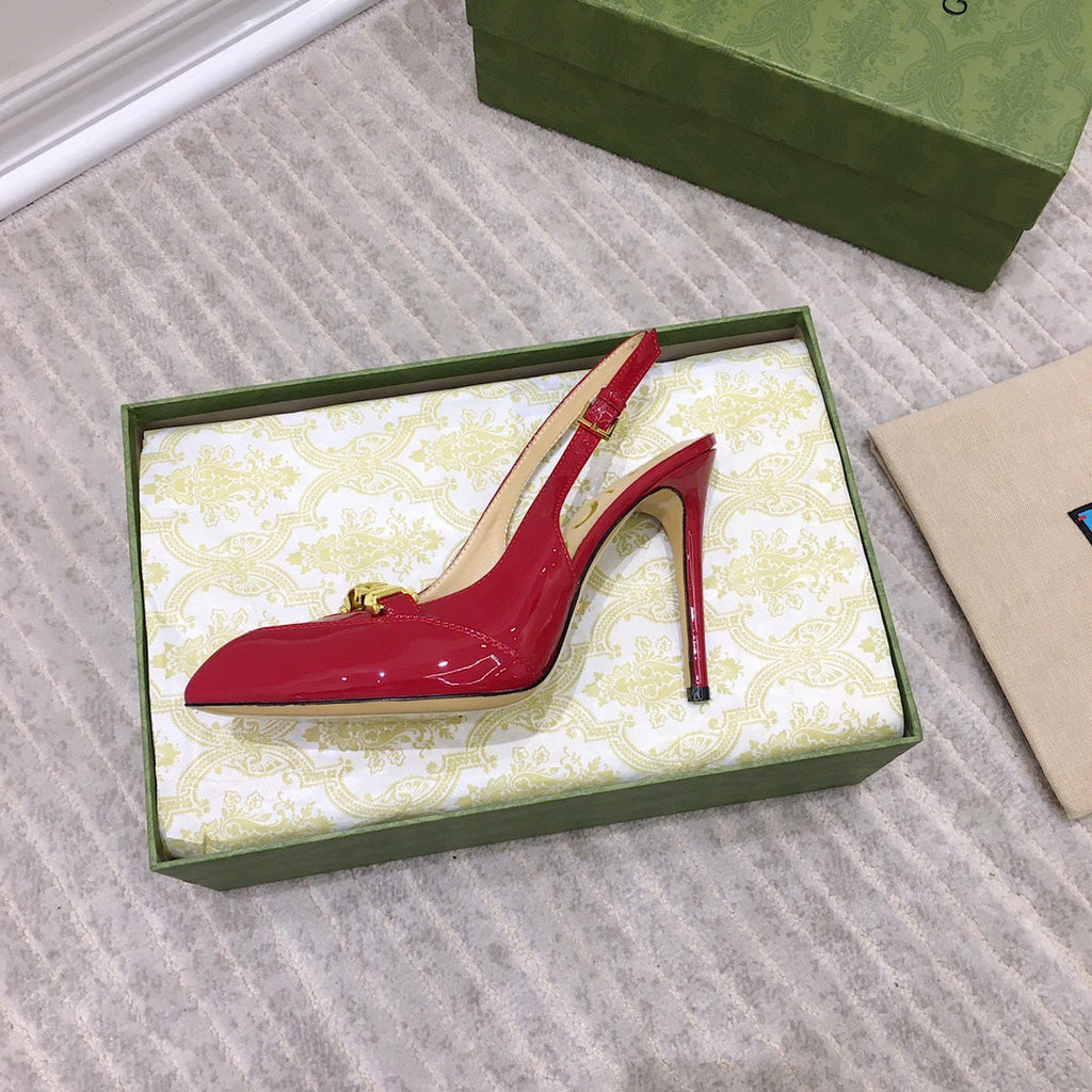 GUCCI HIGH HEEL SLINGBACK RUBY CALFSKIN WITH CHAIN
