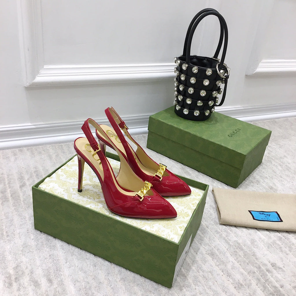 GUCCI HIGH HEEL SLINGBACK RUBY CALFSKIN WITH CHAIN