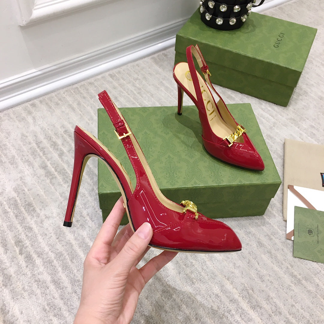 GUCCI HIGH HEEL SLINGBACK RUBY CALFSKIN WITH CHAIN