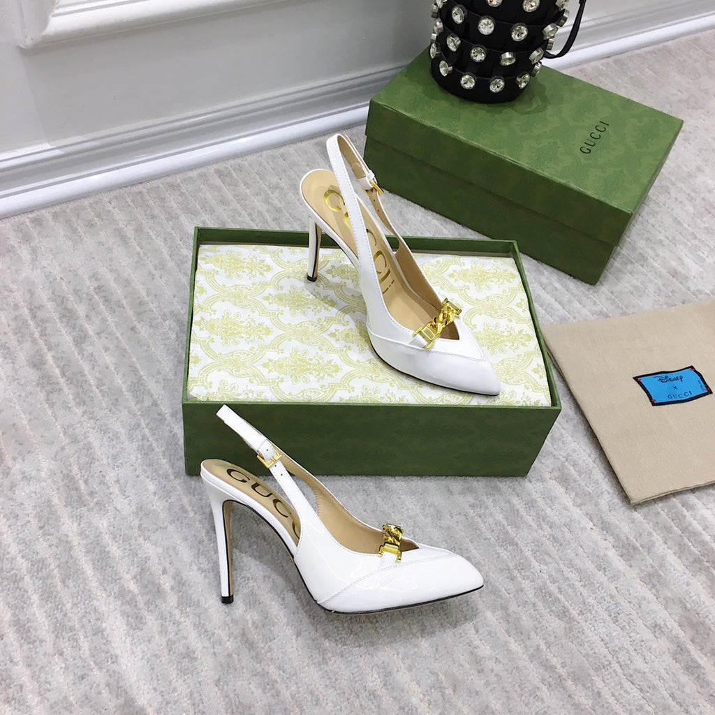 GUCCI HIGH HEEL SLINGBACK WHITE CALFSKIN WITH CHAIN