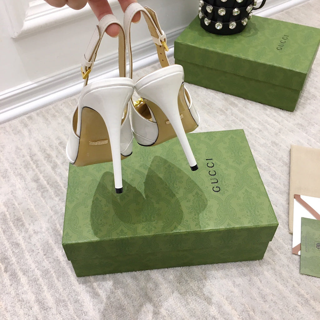 GUCCI HIGH HEEL SLINGBACK WHITE CALFSKIN WITH CHAIN