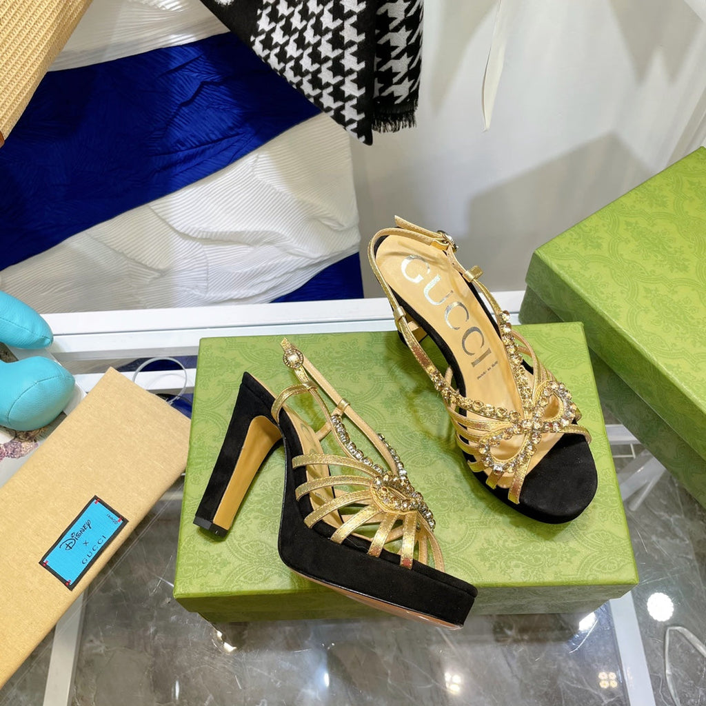 GUCCI CRYSTAL HIGH HEEL SANDAL BLACK LAMBSKIN