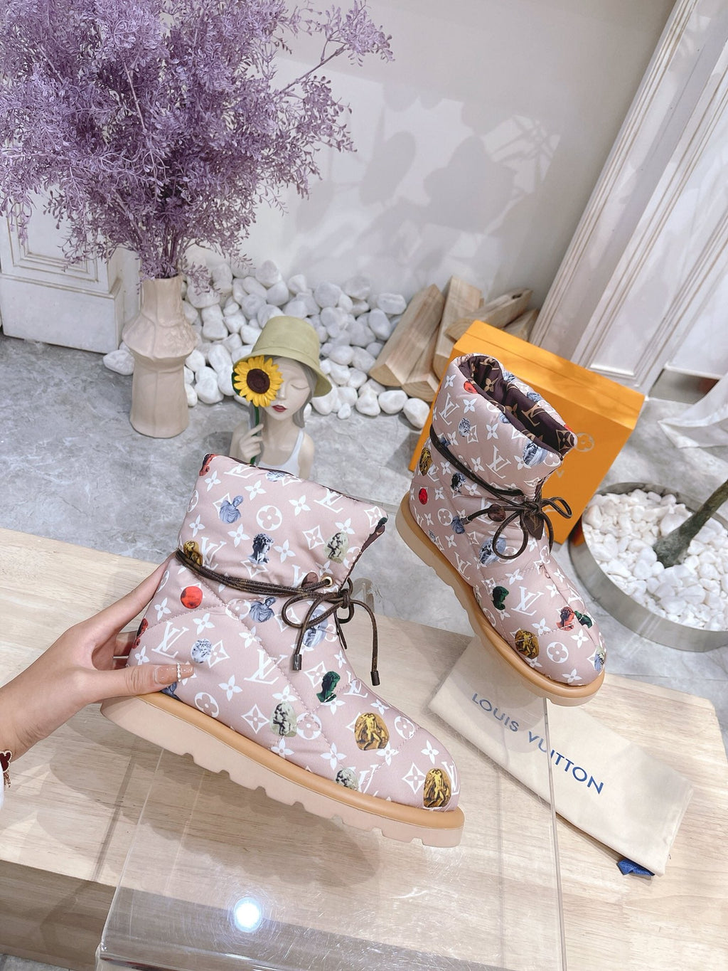 LOUIS VUITTON PILLOW COMFORT ANKLE BOOTS IN ROSY BROWN MIX WHITE MONOGRAM NYLON