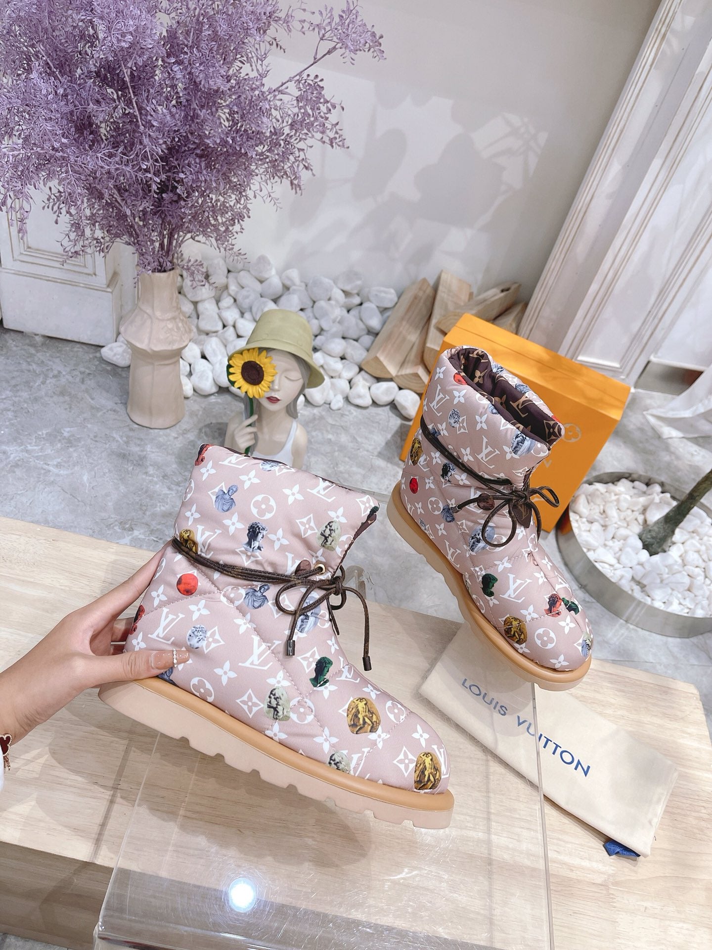 LOUIS VUITTON PILLOW COMFORT ANKLE BOOTS IN ROSY BROWN MIX WHITE MONOGRAM NYLON