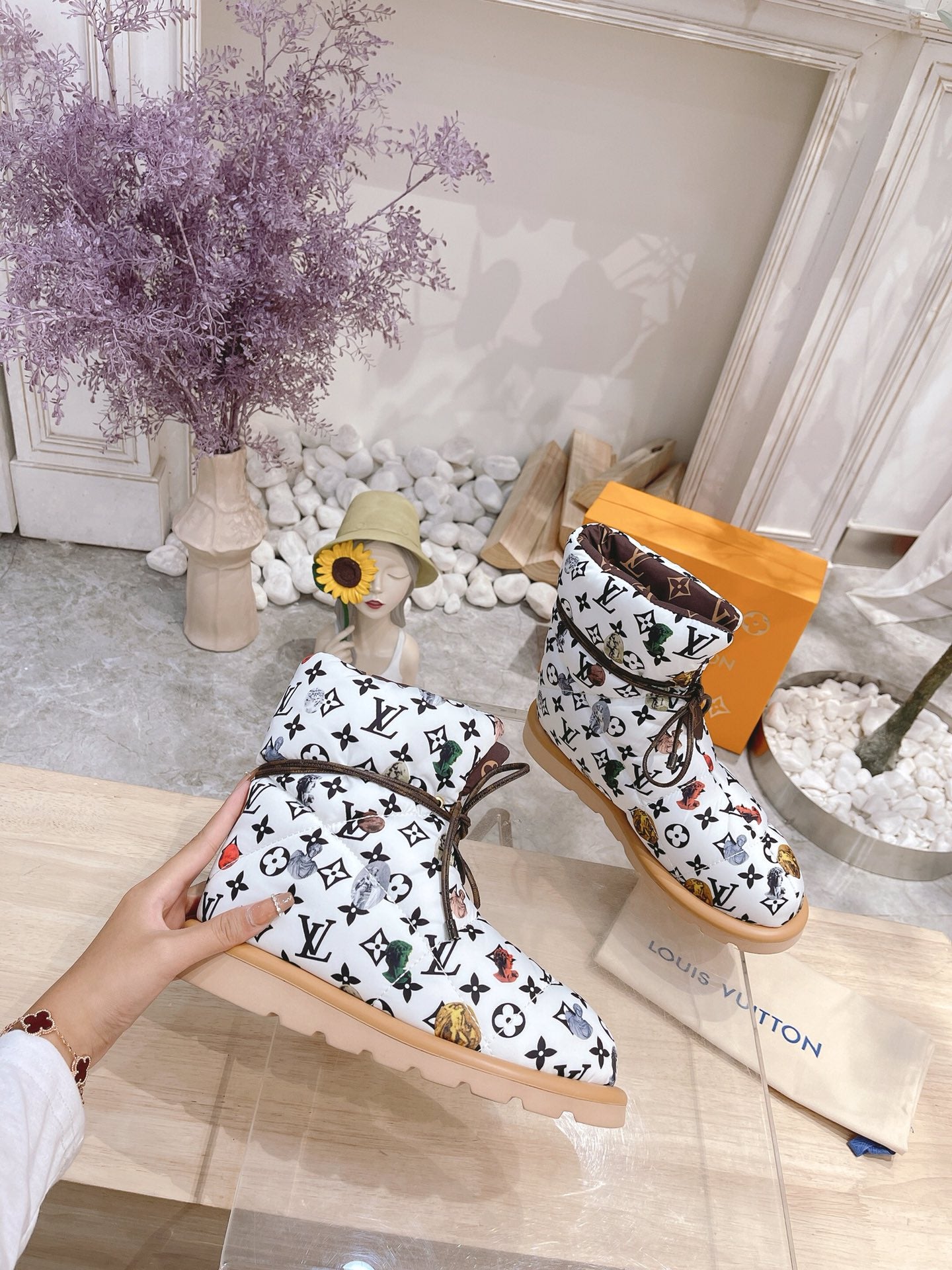 LOUIS VUITTON PILLOW COMFORT ANKLE BOOTS IN WHITE MIX BLACK MONOGRAM NYLON
