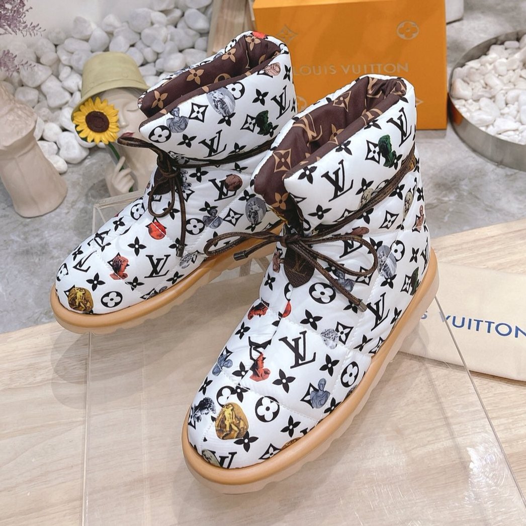 LOUIS VUITTON PILLOW COMFORT ANKLE BOOTS IN WHITE MIX BLACK MONOGRAM NYLON