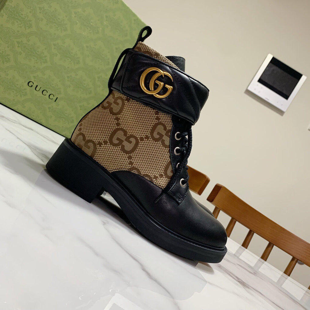 GUCCI LACE-UP ANKLE BOOTS WITH DOUBLE G BUCKLE IN BEIGE CANVAS AND BLACK SHEEPSKIN