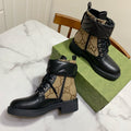 GUCCI LACE-UP ANKLE BOOTS WITH DOUBLE G BUCKLE IN BEIGE CANVAS AND BLACK SHEEPSKIN