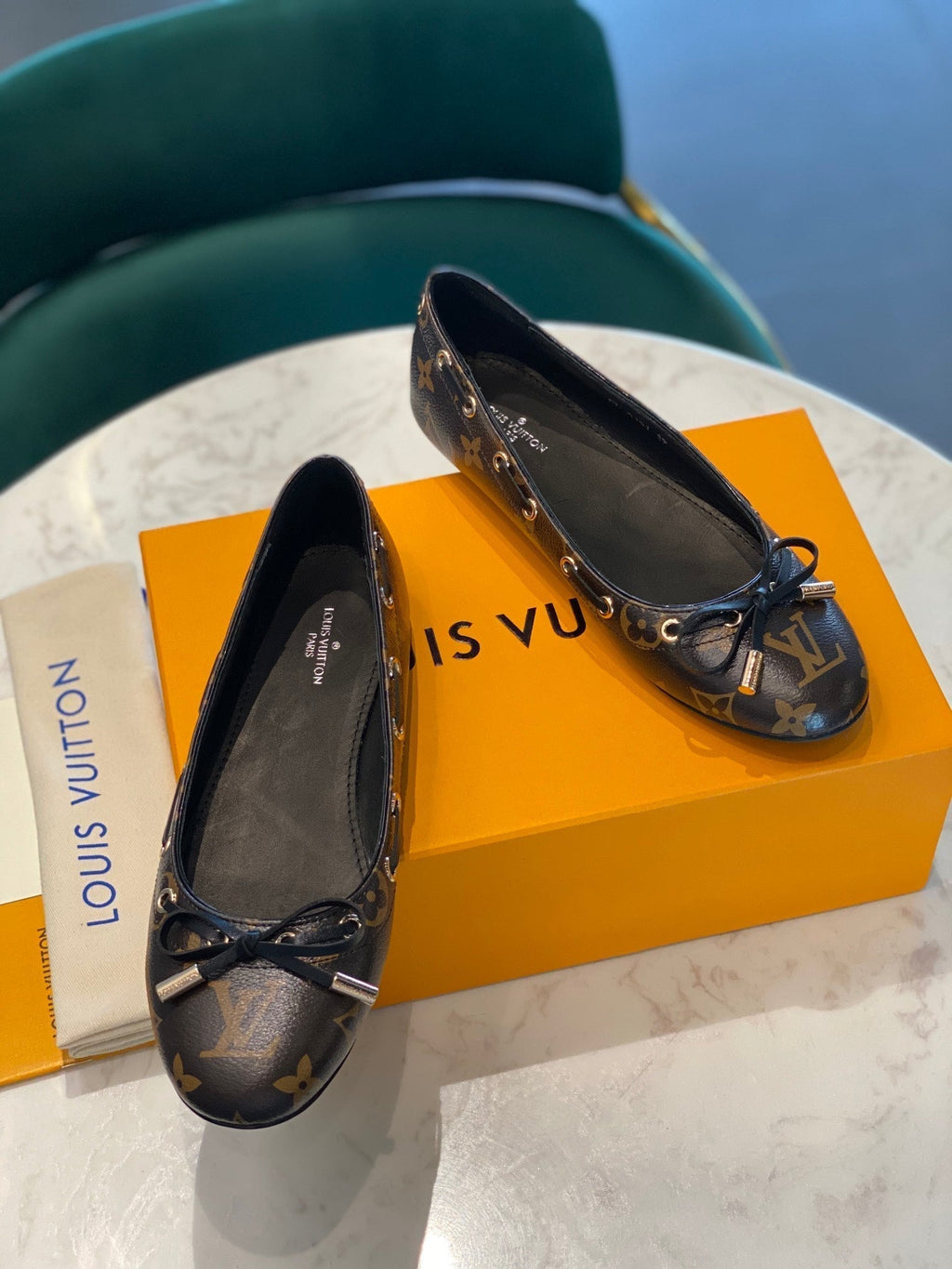 LOUIS VUITTON LV WOMEN'S BALLET FLAT IN CHOCOLATE BROWN MONOGRAM CALFSKIN WITH BOW
