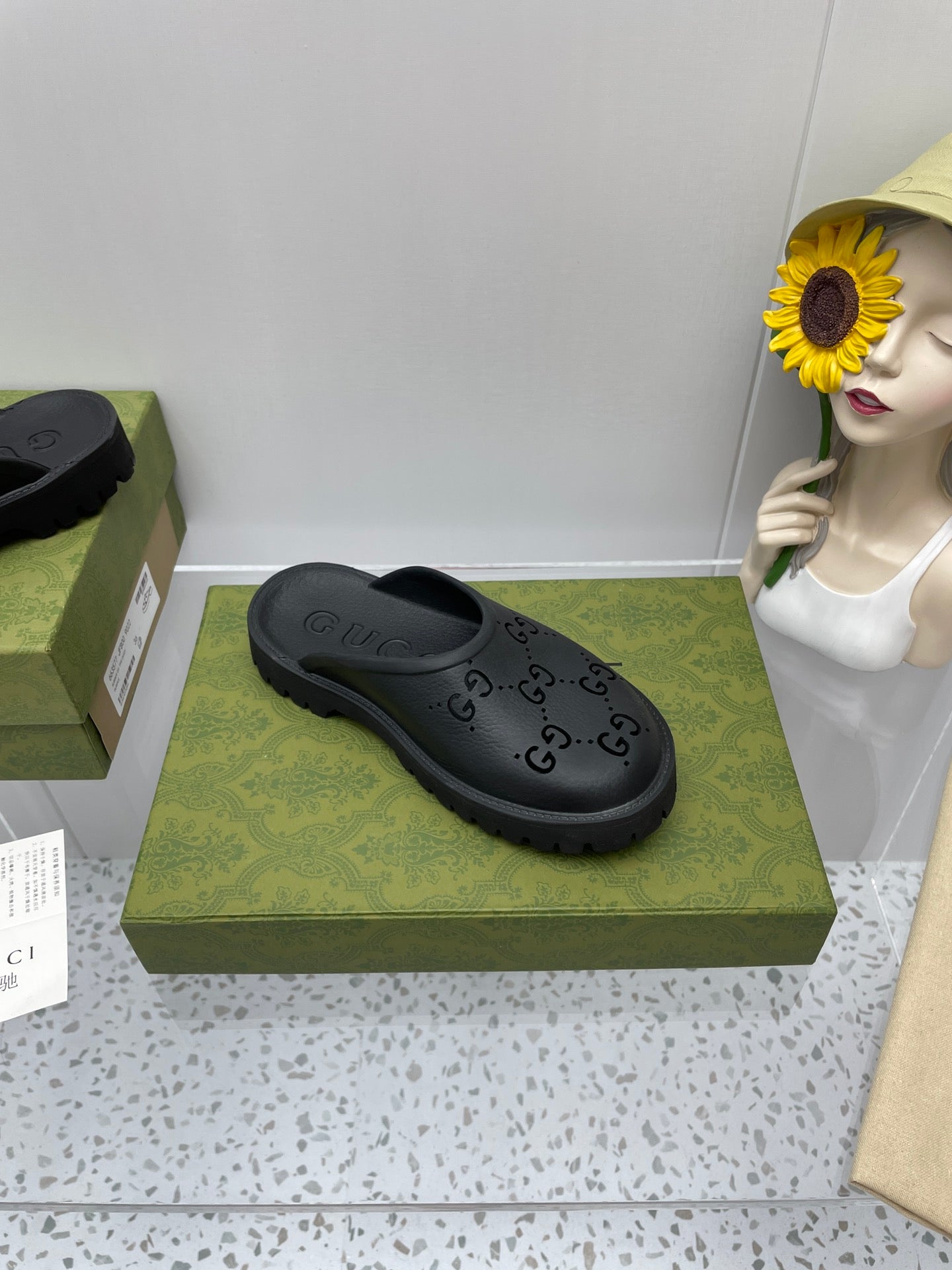GUCCI PLATFORM PERFORATED G SANDAL BLACK IP FOAM