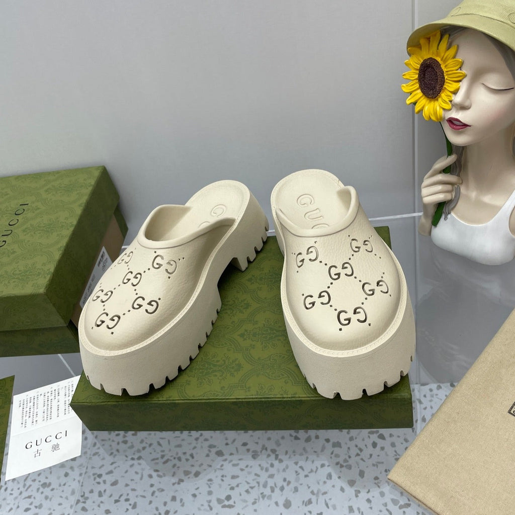 GUCCI PLATFORM PERFORATED G 55 SANDAL CREAM IP FOAM