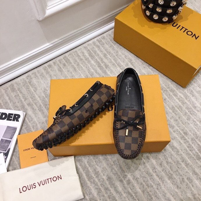 LOUIS VUITTON LV WOMEN'S DRIVER MOCCASIN IN EBENE DAMIER MONOGRAM CALFSKIN