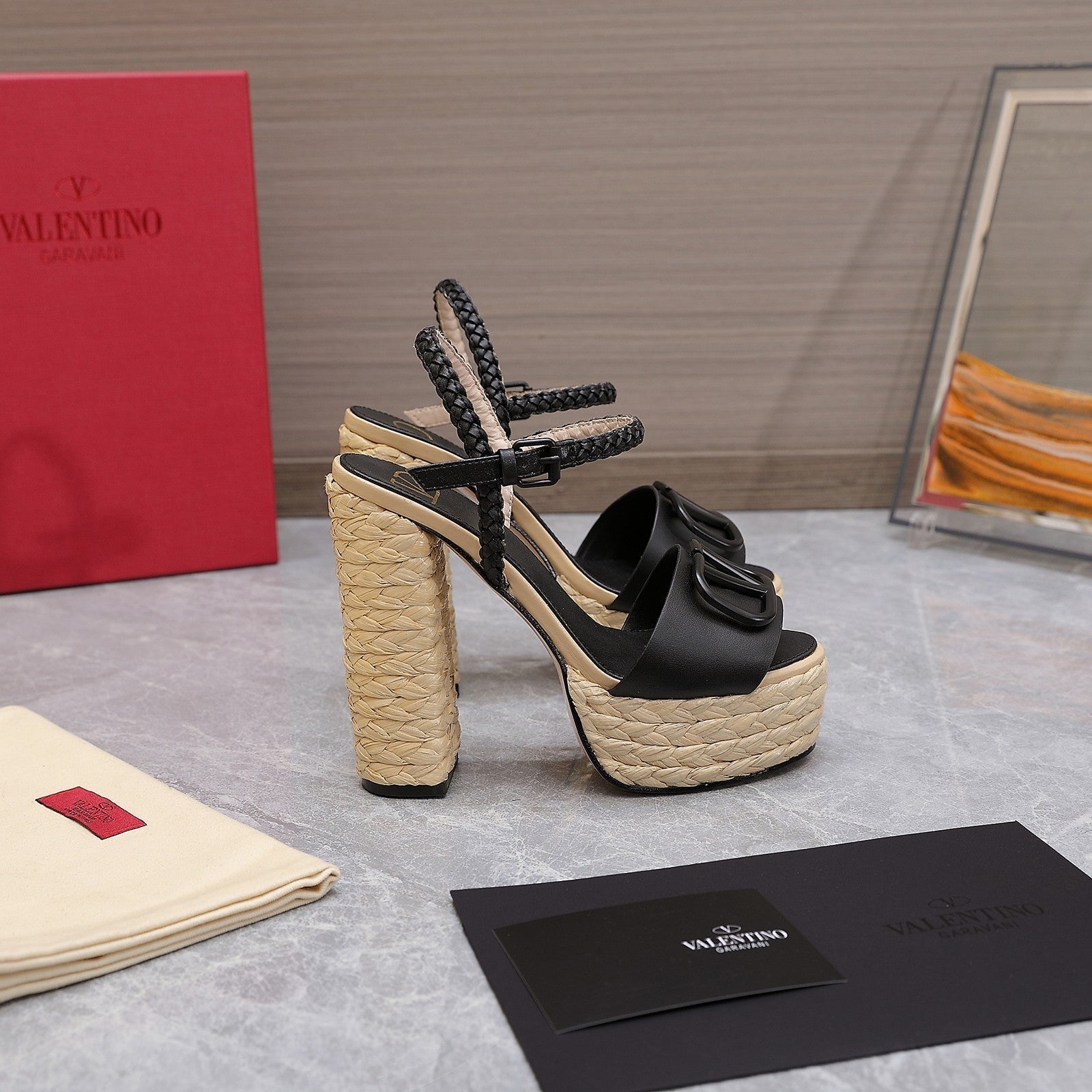 VLTN ESPADRILLE WEDGE SANDALS 25S 130 MM IN BLACK LAMBSKIN