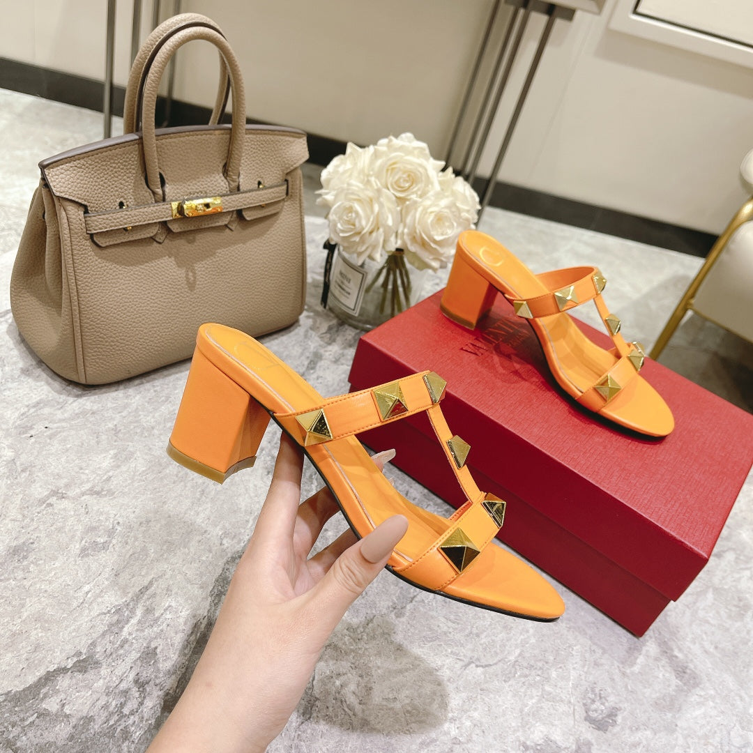 ROMAN STUD MANGO ORANGE CALFSKIN SLIDE SANDAL 60 MM