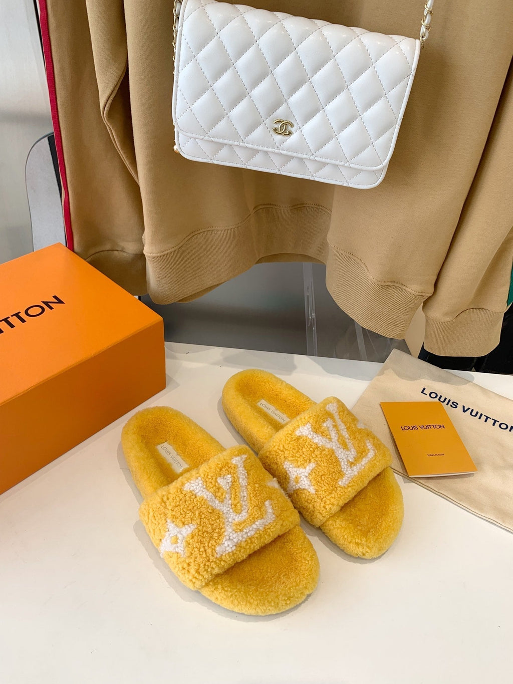 LOUIS VUITTON LV WOMEN'S PASEO FLAT SLIPPER IN YELLOW FLEECE WITH WHITE LOGO