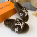 LOUIS VUITTON LV WOMEN'S PASEO FLAT SLIPPER IN OLIVE GREEN FLEECE WITH WHITE LOGO