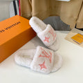 LOUIS VUITTON LV WOMEN'S PASEO FLAT SLIPPER IN WHITE FLEECE WITH LIGHT PINK LOGO