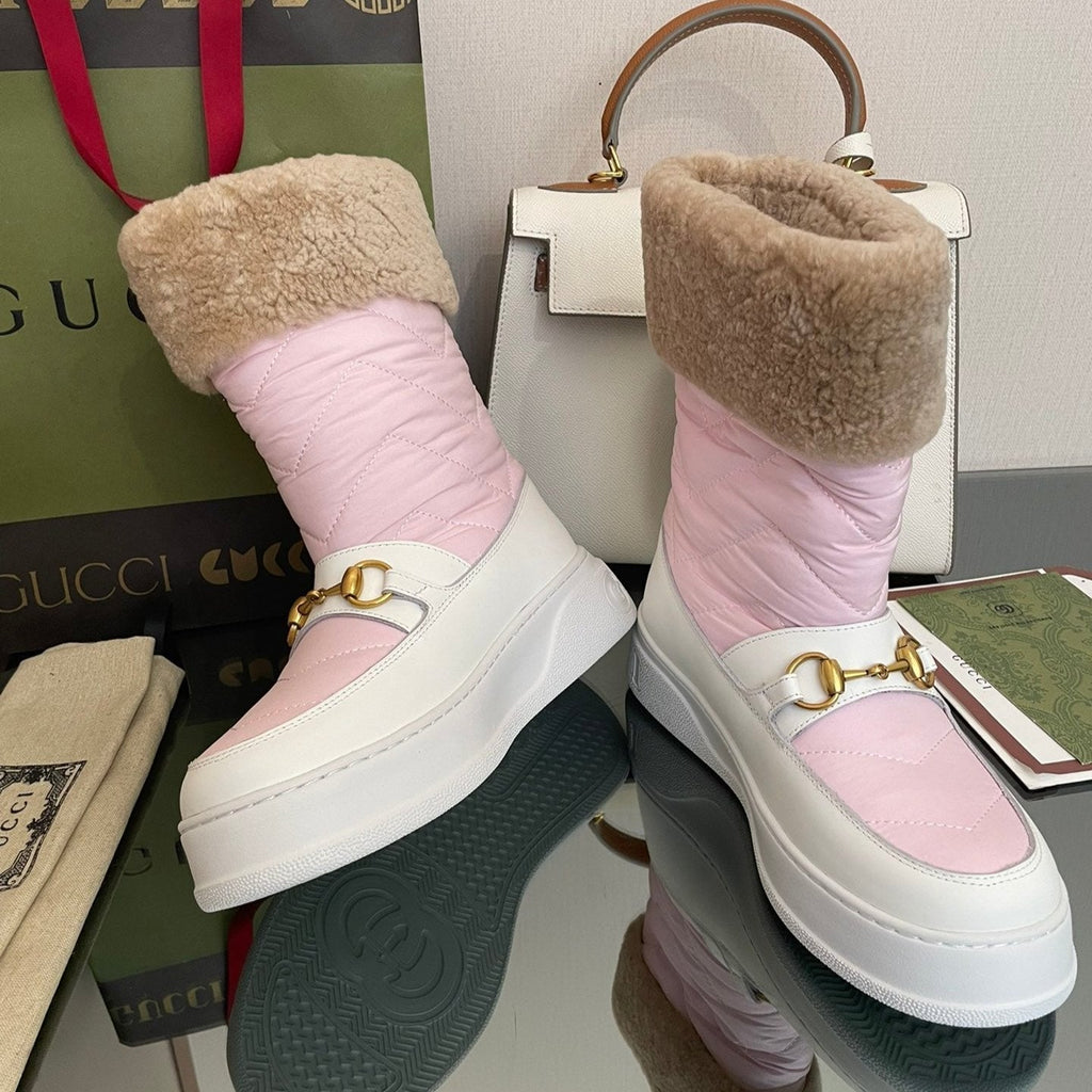 GUCCI HORSEBIT ANKLE BOOTS WITH MERINO TRIM IN LIGHT PINK NYLON MIX WHITE CALFSKIN