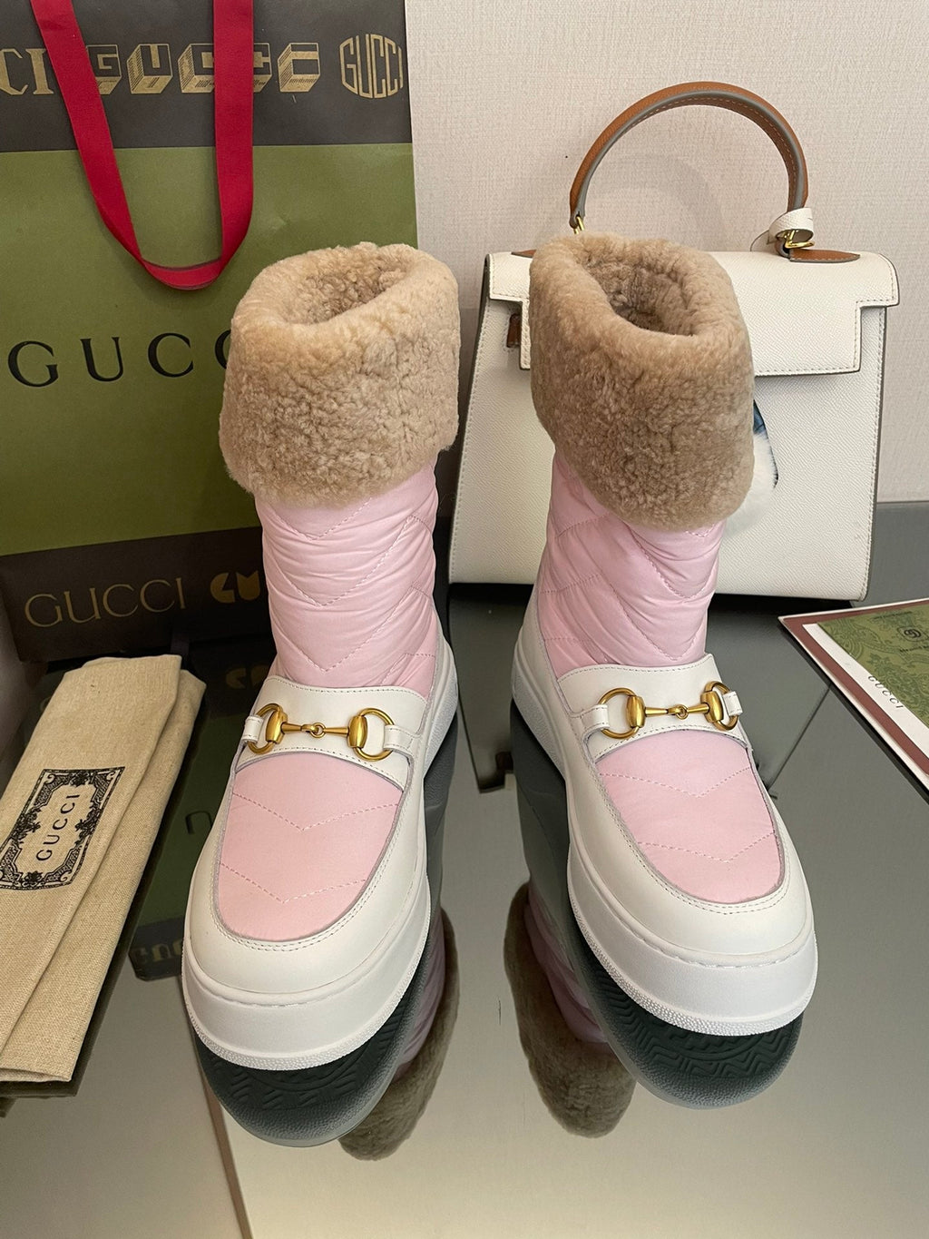GUCCI HORSEBIT ANKLE BOOTS WITH MERINO TRIM IN LIGHT PINK NYLON MIX WHITE CALFSKIN
