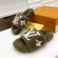 LOUIS VUITTON LV FLAT SLIPPER IN ARMY GREEN MIX WHITE SHEARLING