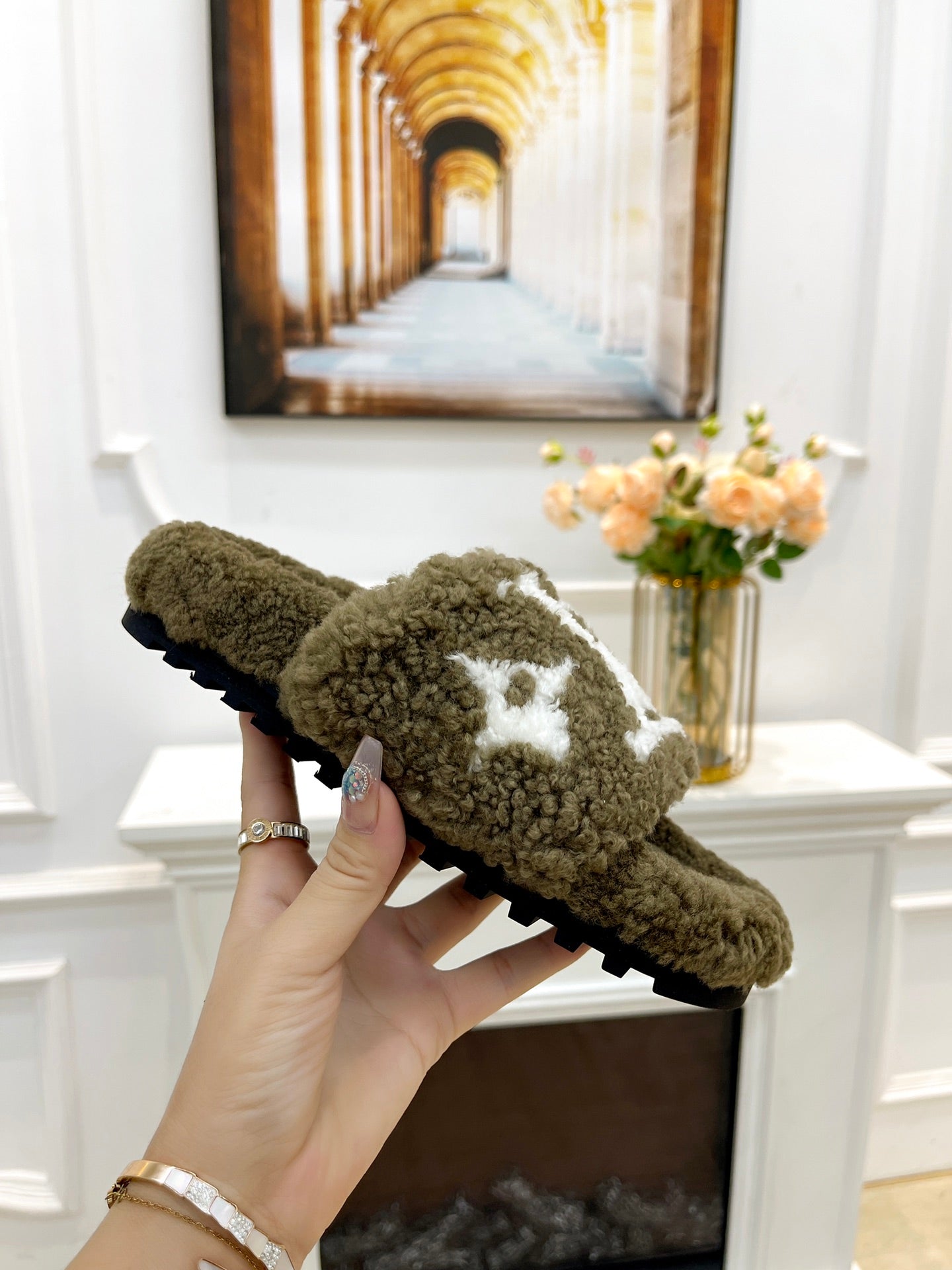LOUIS VUITTON LV FLAT SLIPPER IN ARMY GREEN MIX WHITE SHEARLING