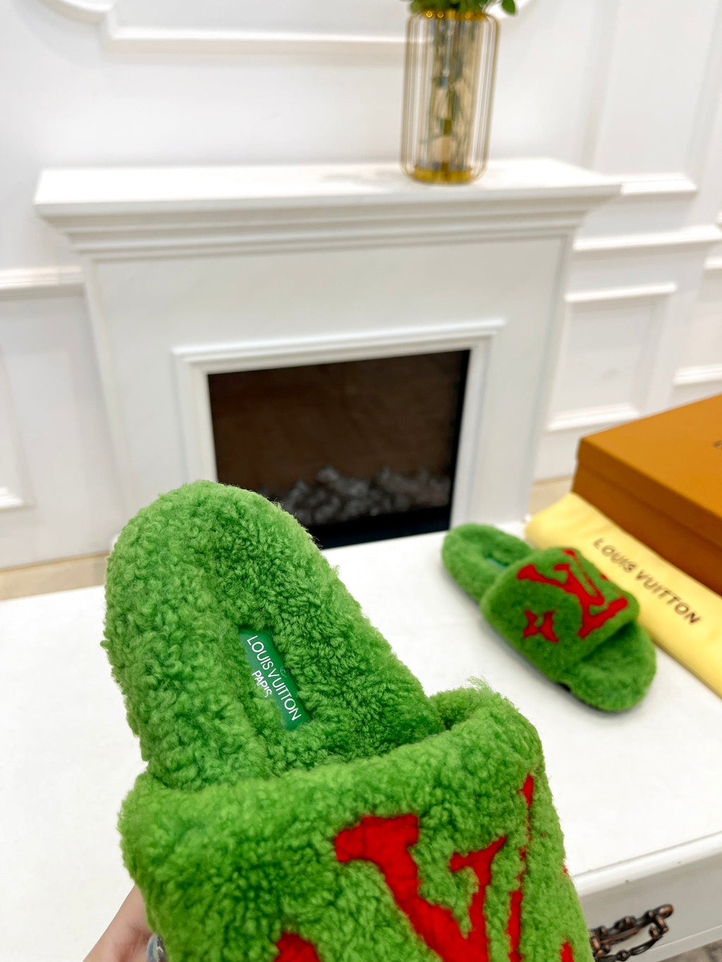 LOUIS VUITTON LV FLAT SLIPPER IN LAWN GREEN MIX CHERRY RED SHEARLING