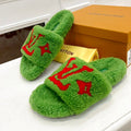 LOUIS VUITTON LV FLAT SLIPPER IN LAWN GREEN MIX CHERRY RED SHEARLING