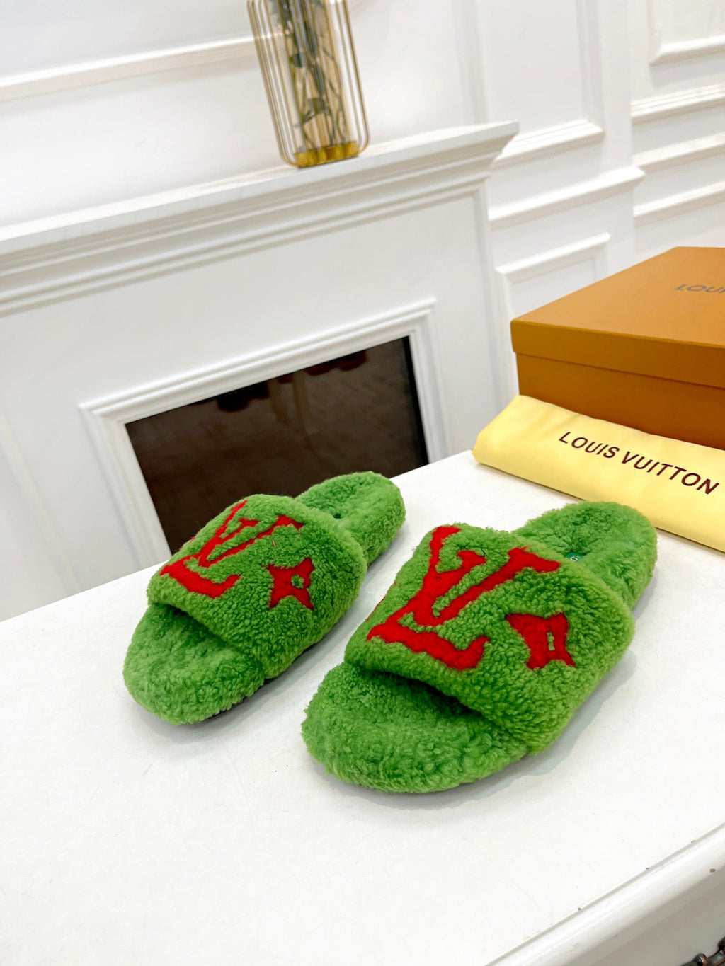 LOUIS VUITTON LV FLAT SLIPPER IN LAWN GREEN MIX CHERRY RED SHEARLING