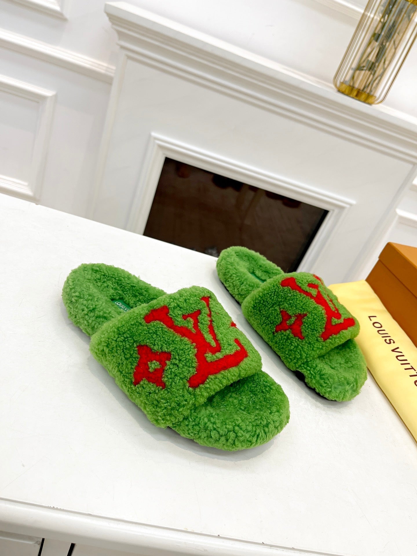 LOUIS VUITTON LV FLAT SLIPPER IN LAWN GREEN MIX CHERRY RED SHEARLING