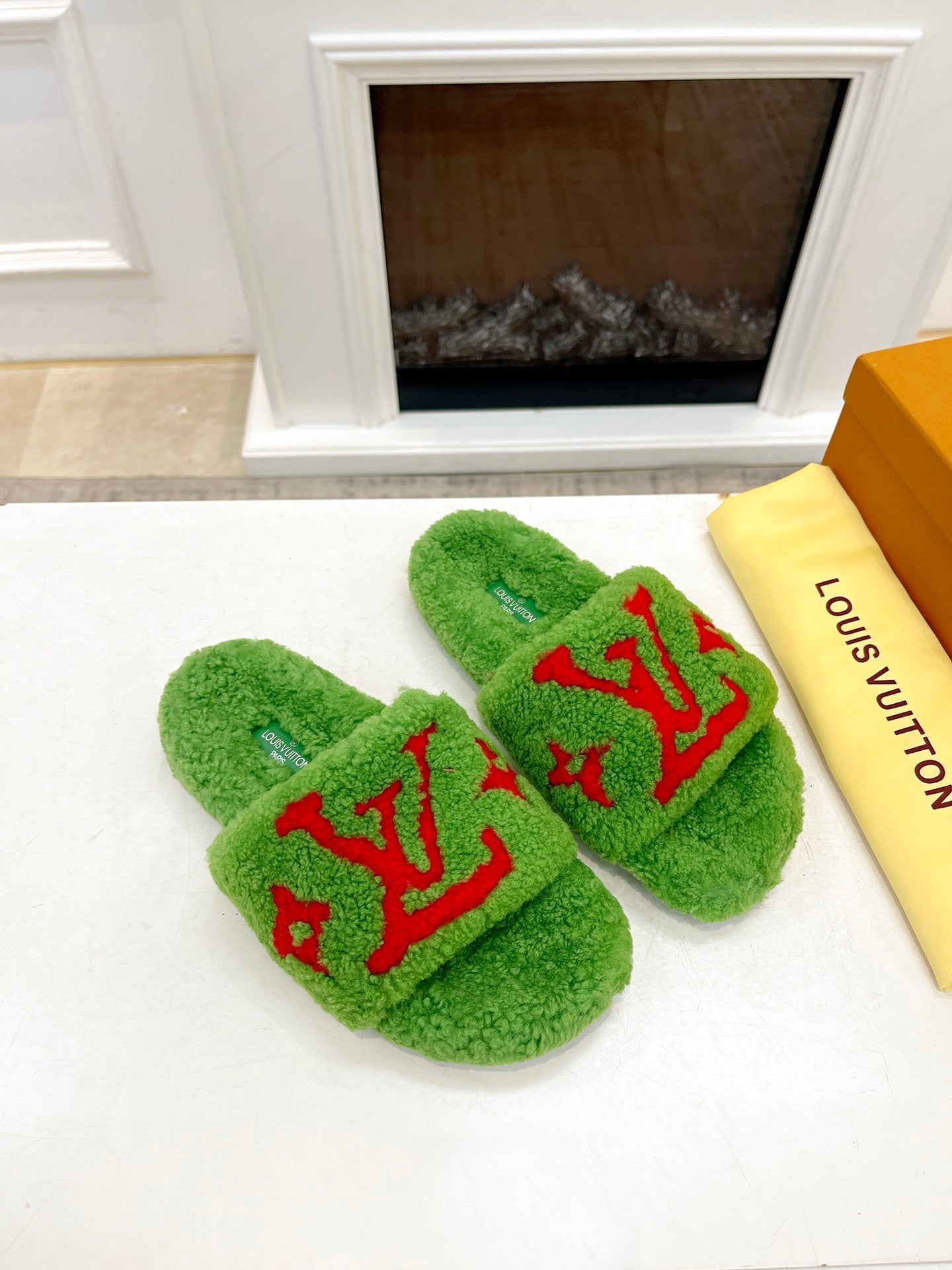LOUIS VUITTON LV FLAT SLIPPER IN LAWN GREEN MIX CHERRY RED SHEARLING