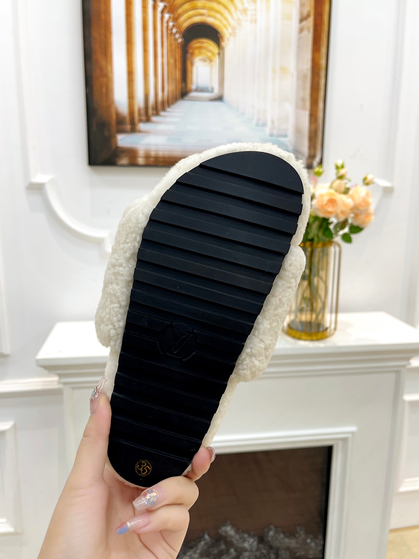 LOUIS VUITTON LV FLAT SLIPPER IN WHITE MIX BRIGHT PINK SHEARLING