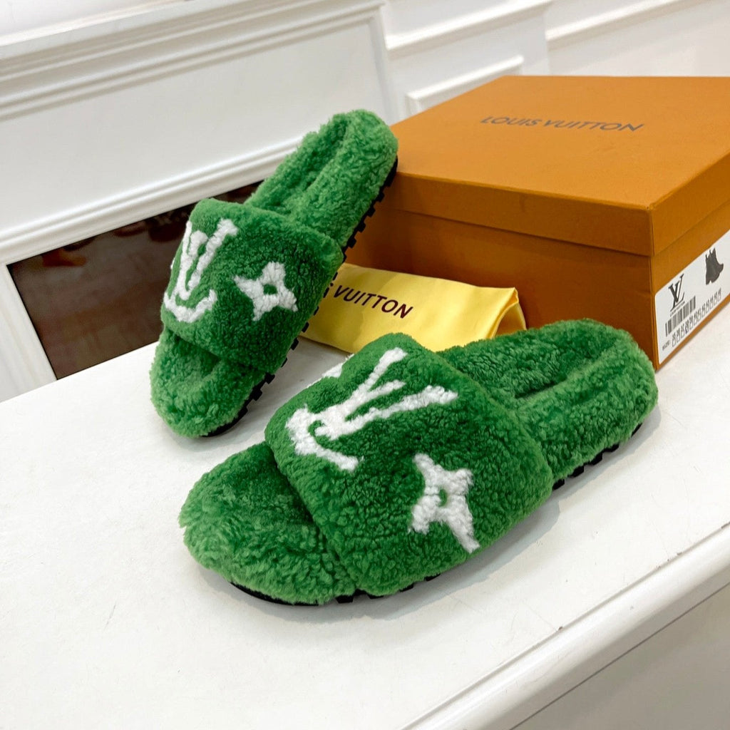 LOUIS VUITTON LV FLAT SLIPPER IN EMERALD GREEN MIX WHITE SHEARLING
