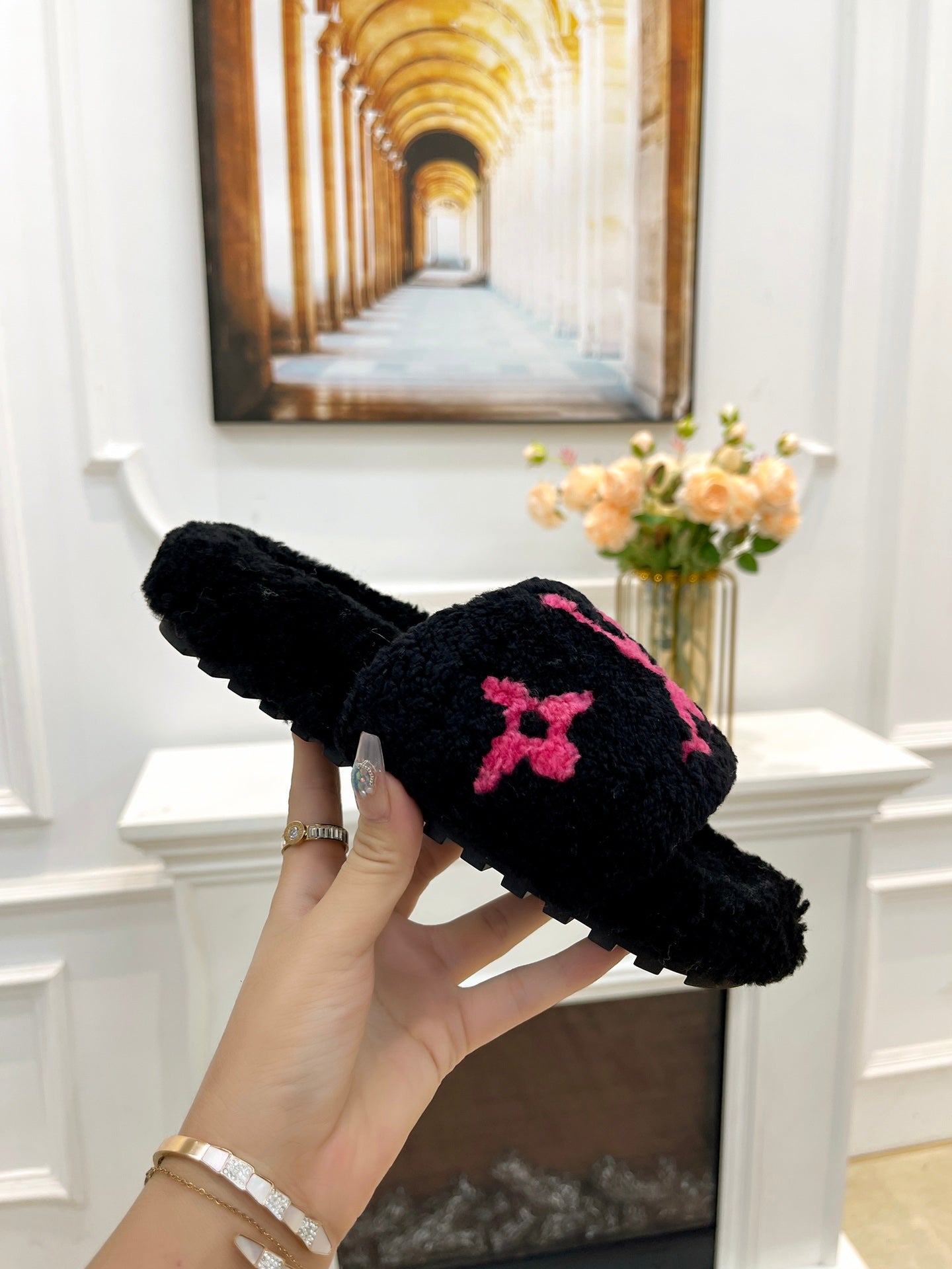 LOUIS VUITTON LV FLAT SLIPPER IN BLACK MIX BRIGHT PINK SHEARLING