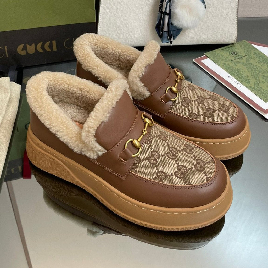 GUCCI LOAFER IN PEANUT BROWN JACQUARD AND CHOCOLATE BROWN CALFSKIN WITH BEIGE WOOL LINING