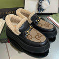 GUCCI LOAFER IN PEANUT BROWN JACQUARD AND BLACK CALFSKIN WITH BEIGE WOOL LINING