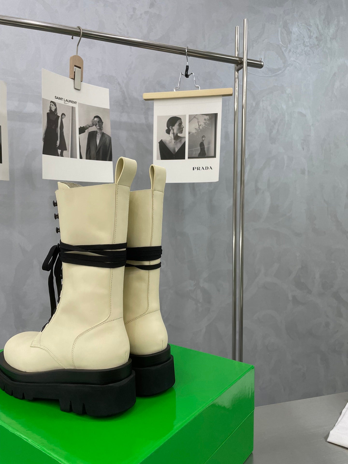BOTTEGA VENETA LUG LACE-UP BOOT IN BEIGE CREAM CALFSKIN 7 CM